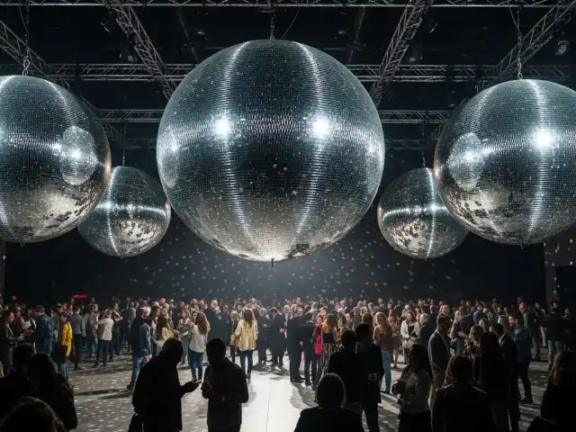 Bola disco gigante 200cm para estadios y festivales masivos - Sistema industrial con montaje especializado